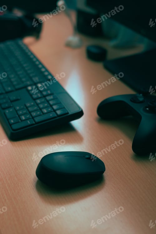 Preview: Mouse, keyboard, video game controller. Complements of a computer on a desk