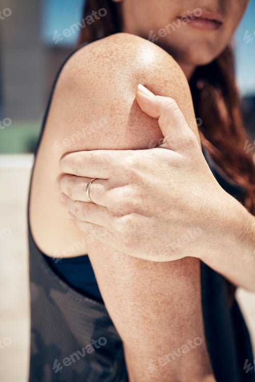 Preview: Runner, pain and woman with arm injury outdoors after fitness, running or cardio workout. Health em