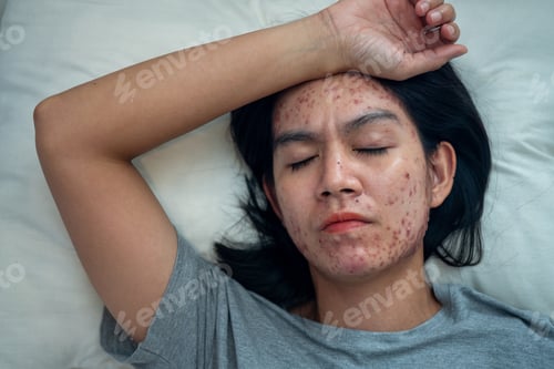 Preview: Acne on face because the disorders of sebaceous glands productions. Acne or a Cosmetic Allergy.