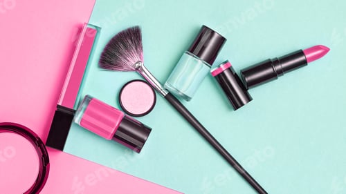 Preview: Beauty cosmetics makeup product flying in air cutout minimal. Woman make up collection falling on pu
