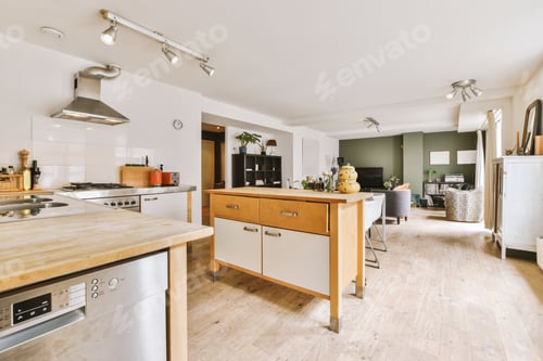 Preview: Studio apartment interior with wooden furniture