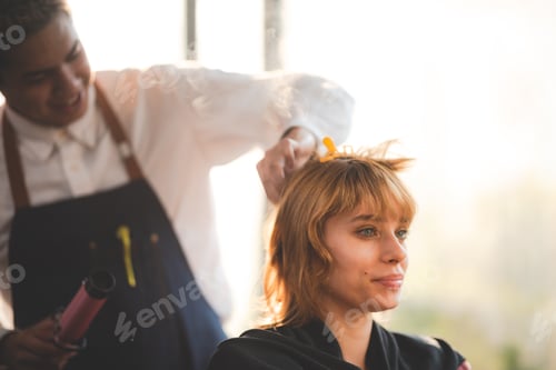 Preview: professional fashion hairdresser and hair beauty salon, hairstylist making treatment to woman client