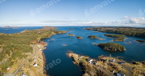 Preview: Aerial view of a small town on a rocky Atlantic Ocean Coast. Newfoundland, Canada
