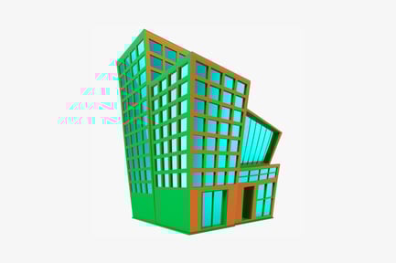 Preview: Multilevel building with gridded and sloped roof features