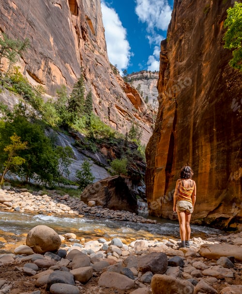 Preview: A young woman in the Interior of the Zion national park canyon. United States