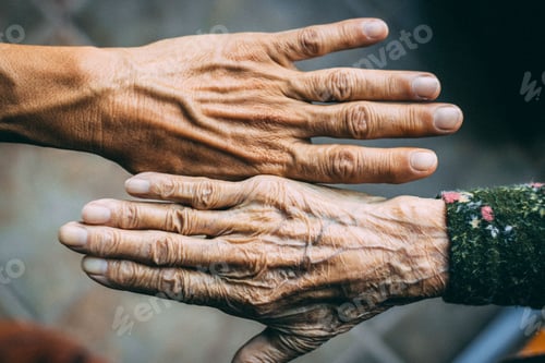 Preview: Closeup of a wrinkly and a young person's hands on a blurred background