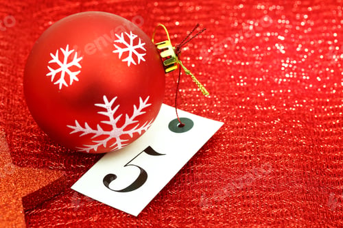 Preview: Number Five On Tag And Christmas Ornamets On Red Background