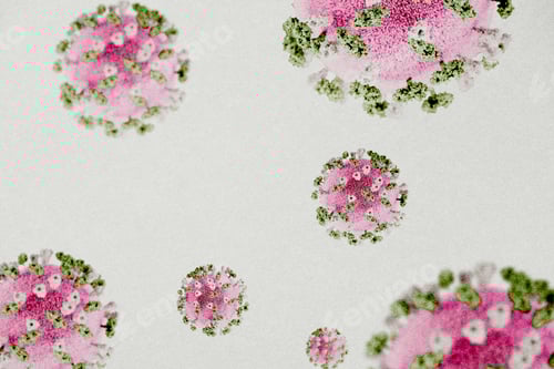 Preview: Pink and green novel coronavirus under the microscope on a white background psd mockup