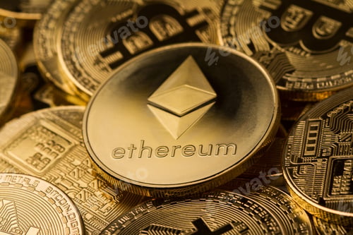 Preview: close up of ethereum on a stack of bitcoin golden coins