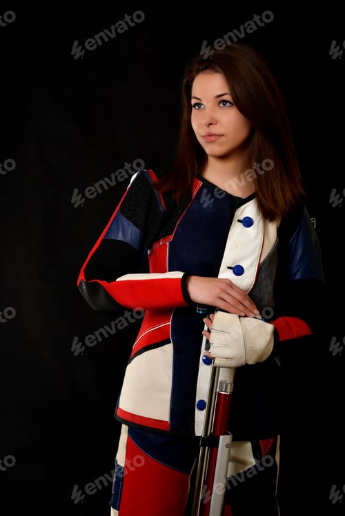 Preview: Woman Training Sport Shooting With Air Rifle Gun