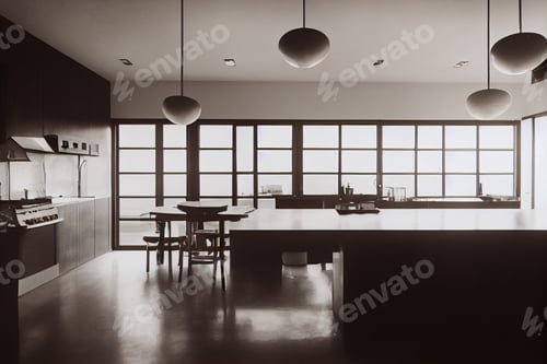 Preview: A kitchen in a Post-Modern Home in the style of a minimalist architecture,wallpaper copy space backg