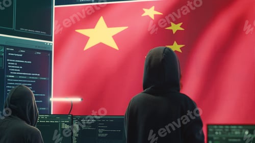 Preview: Governmental hacker in high tech office with Chinese flag shown on big screen
