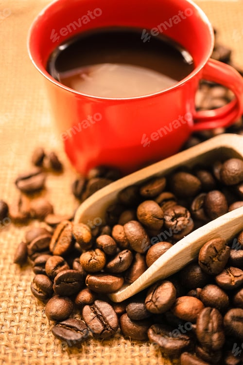 Preview: Coffee Beans , A Scoop And Coffee In A Red Cup