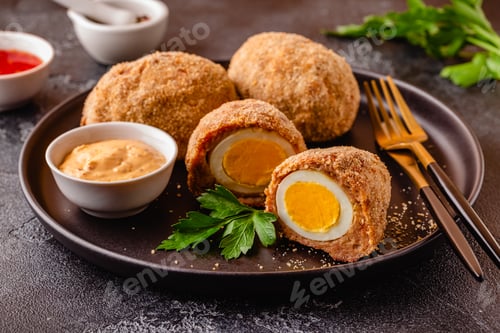 Preview: Traditional Scotch Eggs on a black plate.