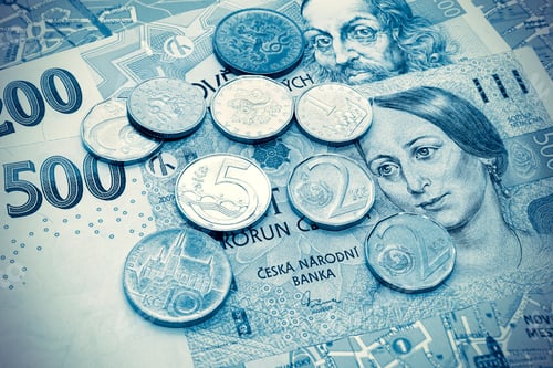 Preview: Money of Czech Republic, banknotes and coins on tourist map