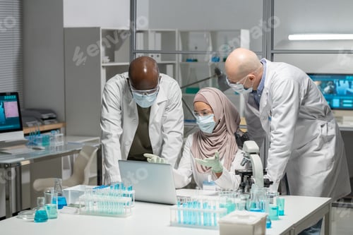 Preview: Young Muslim female researcher making presentation to male colleagues