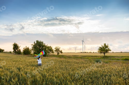 Preview: Happy little girl running around with a kite on the Wheat field.