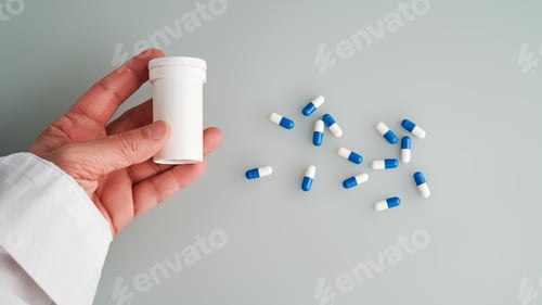 Aperçu: Une main tient un pot de pilule blanche et bleue sur fond bleu.
