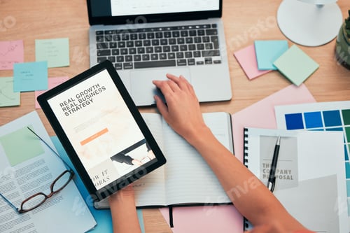 Preview: Tablet screen, laptop and hand, business website and paperwork, company proposal and workspace. Per