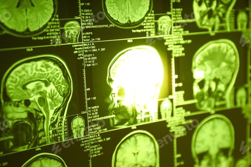 Preview: MRI or magnetic resonance imaging of the head and brain in green light. Close-up