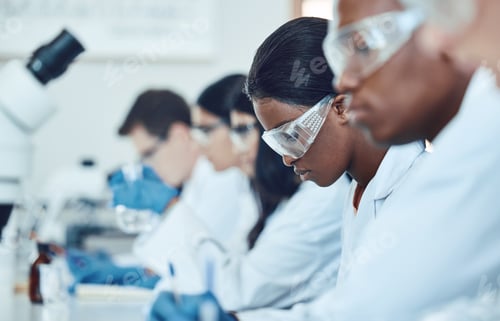 Preview: Study, research and scientist team in a lab for medical, innovation and drug analysis, health and m