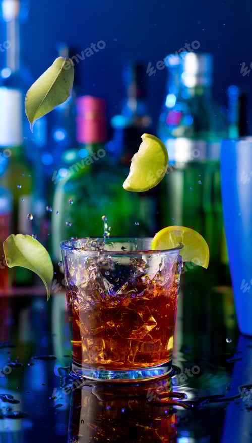 Preview: Vertical shot of a cocktail with splashes and lemons flying