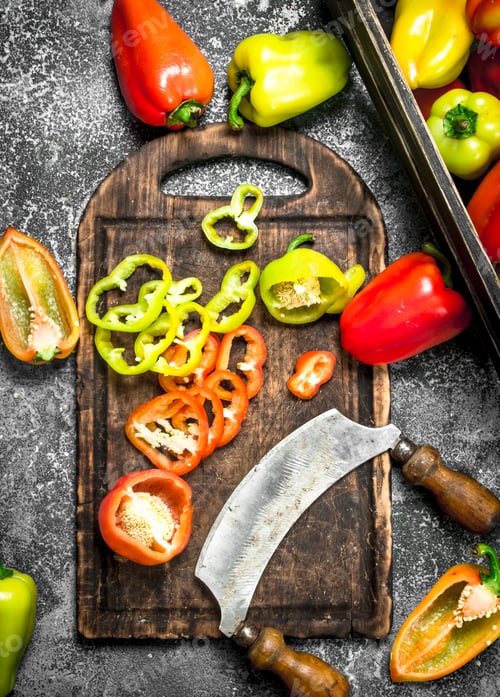 Preview: Sliced sweet peppers on an old cutting board.
