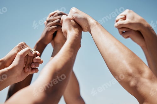 Preview: Pray, hands and community praying against a blue sky background for worship, praise and religion ou