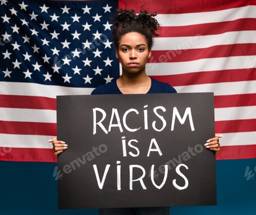 Preview: African american woman holding strike placard, american flag background