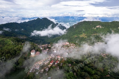 Preview: mountain ridge and clouds in rural jungle bush forest. Ban Phahee, Chiang Rai Province, Thailand