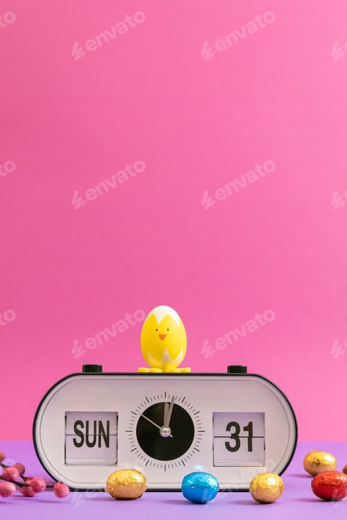 Preview: Alarm clock with time, date, Easter eggs, Easter chick and willow branches.