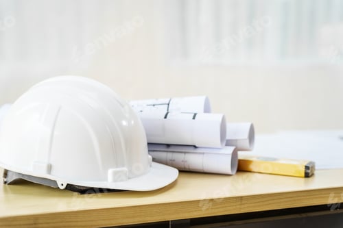 Preview: An architect's desk with blueprints and a white hardhat sits empty, ready for the next project.