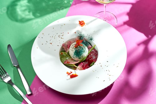 Preview: Poached egg with pear confit in a white plate. Colored backgrounds. Hard light. selective focus