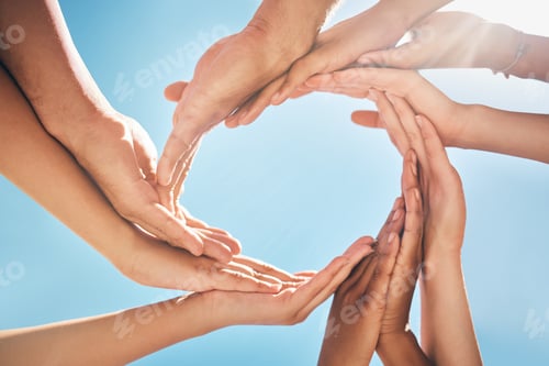 Preview: Circle, support and hands of friends for community, collaboration and trust against a blue sky. Gro