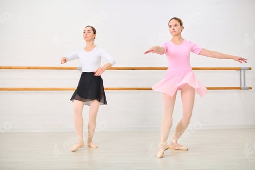 Preview: Graceful practice two ballerinas at ballet barre