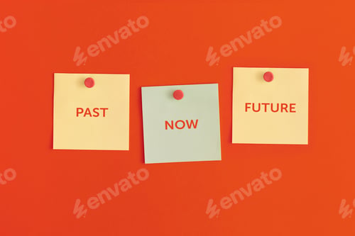 Preview: Mock up sticky notes on red background. Past, now, future, time concept.