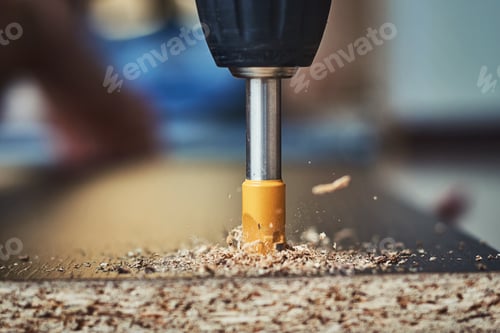Preview: drillig wood with drill bit, wooden processing closeup