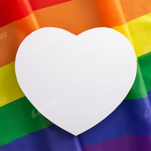 Preview: A top square view vertical flat lay of LGBT pride accessories, such as a rainbow flag