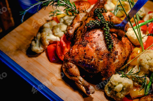 Preview: Close-up of a large turkey decorated with various vegetables around and served to a happy family