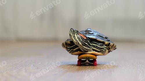 Preview: close-up shot of a turtle placed on a skateboard, rolling across a smooth wooden surface. The