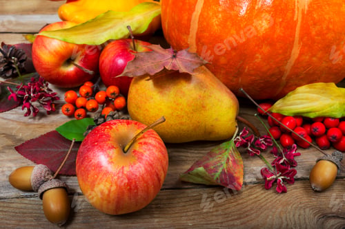 Preview: Thanksgiving background with apples, pear, fall leaves and acorn