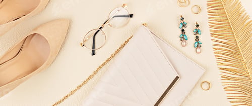 Preview: Flat lay with woman fashion accessories in yellow and blue colors. Fashion blog, summer style