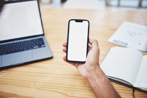 Preview: Businessman phone blank screen display on table or hand showing marketing, advertising or mockup sp