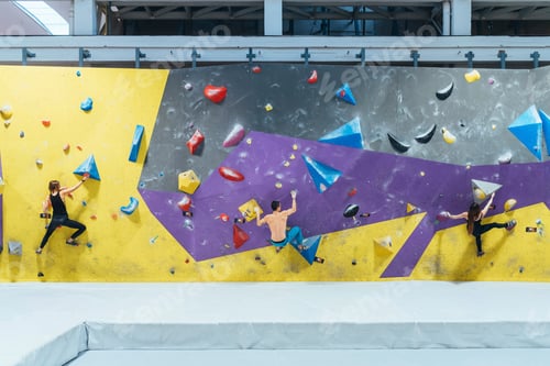 Preview: Three climbers scaling a colorful indoor bouldering wall.