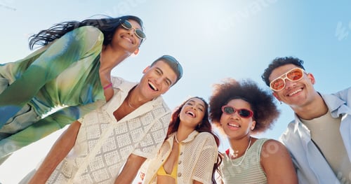 Preview: Portrait, sky and group of happy people on beach with confidence, diversity or outdoor adventure ho