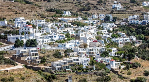 Preview: Tinos island, Greece. Aerial drone view of Triantaros village, Cyclades architecture.
