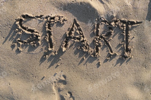 Preview: Text start written in sand on sea beach and bare footprints facing the word