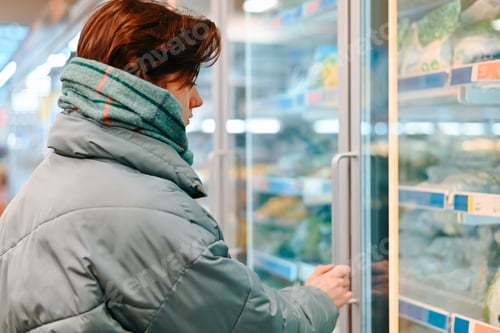 Preview: Shopping, close-up of a young woman shopper buying food in the refrigerator in a supermarket