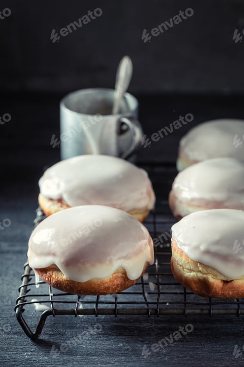 Preview: Yummy and fresh donuts with powdered sugar