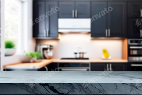 Preview: Empty marble top table with blurred kitchen interior Background. for product display.